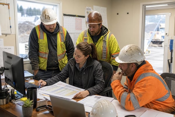Construction Payroll Manager With Crew In Field Office