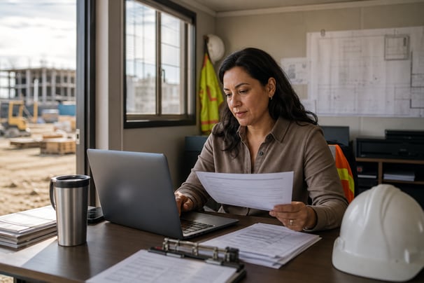 Payroll Manager Reviewing Software On Construction Site