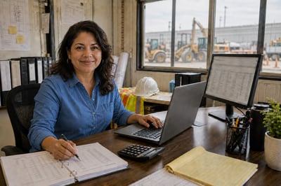 Payroll manager in field office in blue