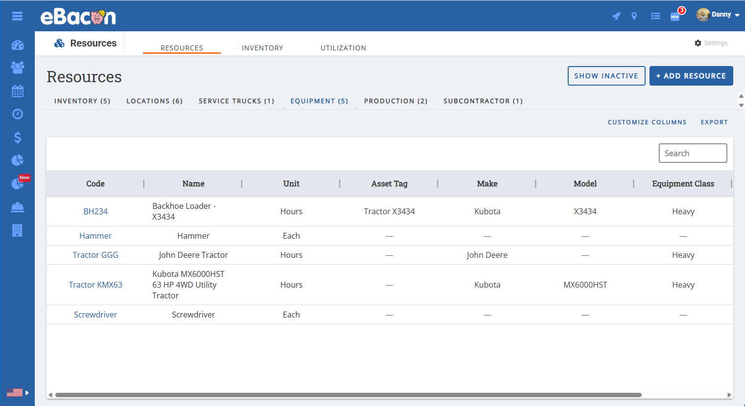 eBacon UI Screenshot - Resources Equipment